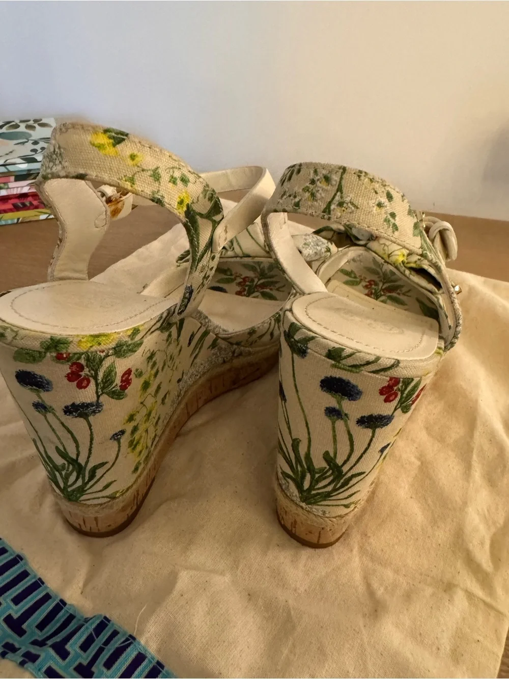 Tory Burch Cream Floral Canvas Bow Platform Wedges